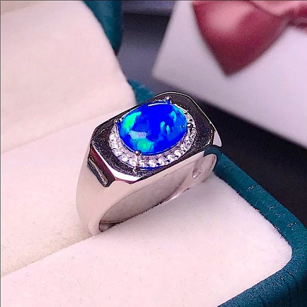 S925 Natural 2CT Blue Firestone Opal Mens Ring